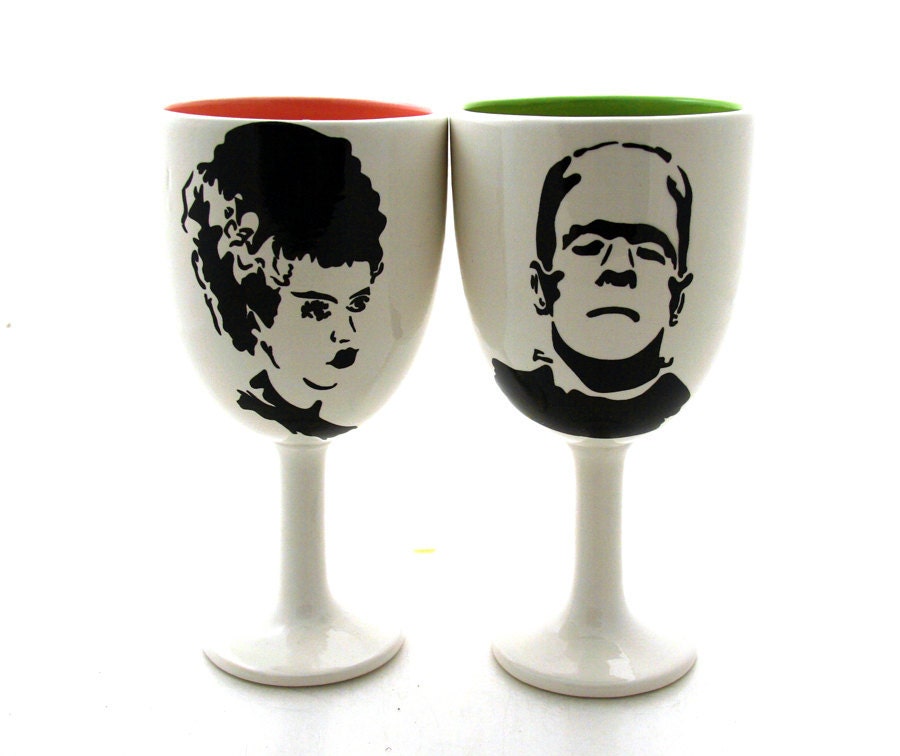 Mr and Mrs Frankenstein and Bride of Frankenstein goblets great for goth wedding