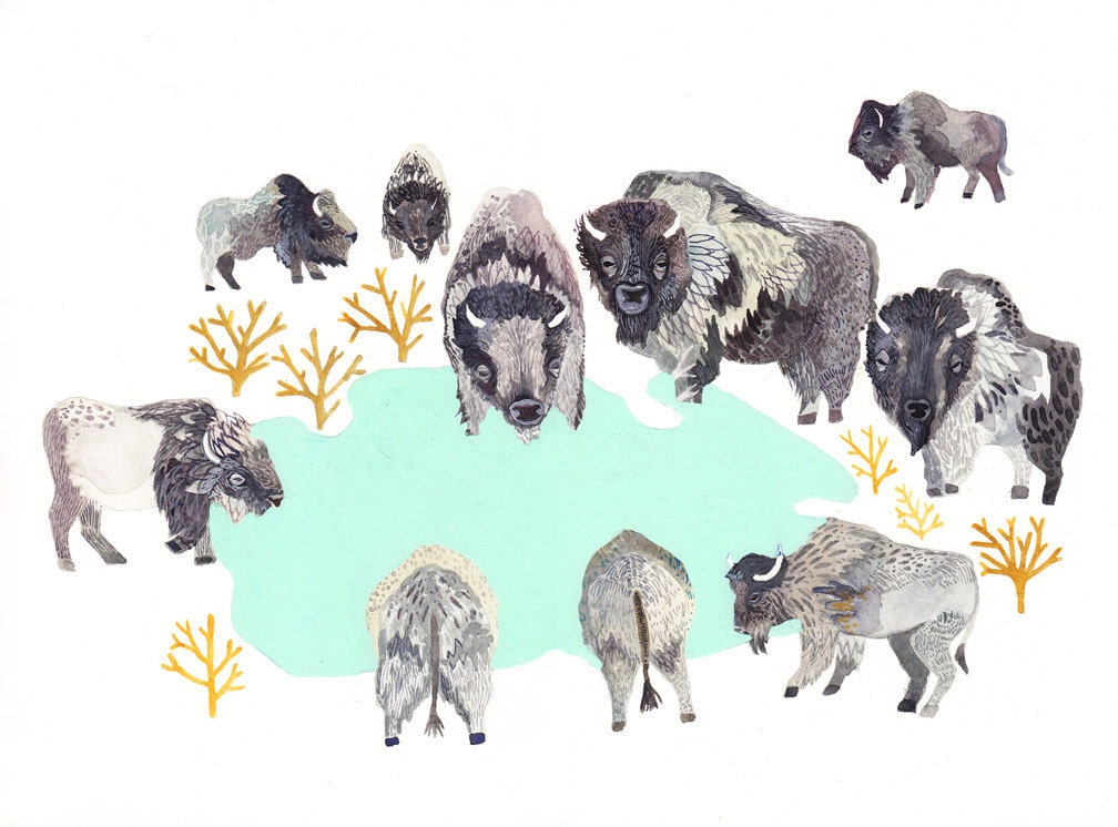 Waterhole with Bison - Original Painting