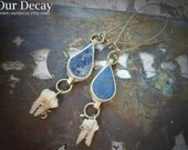 Lapis and Teeth - kuchi pendant earrings with teeth large gauge real bone jewelry