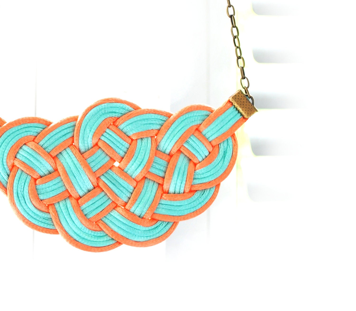 Big Sailor's Knot Satin Cords Necklace Nautical Style Mint and Salmon Rattail Rope Jewelry - elfinadesign