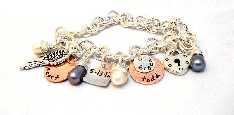 Four Disc Bracelet Personalized Bracelet Hand Stamped Bracelet Angel Wing