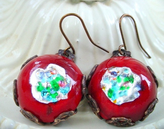 Red Glass Earrings - Brass and Glass with Rainbow Colors