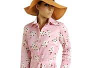 Vintage 1970s Pink Brown FLOWERED Shopgirl Shirtdress M/L