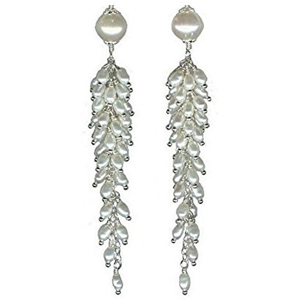 Glamorosi - Freshwater Pearl Cascade Earrings - Sterling Silver, White - Icicle Earrings, Shoulder Duster Earrings