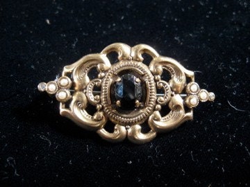 Vintage Brass Pin with Jet and Faux Pearls