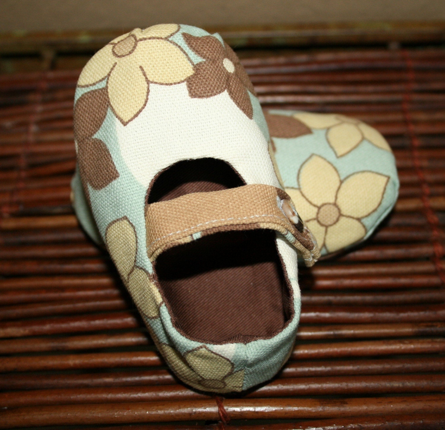 Surf's Up Blue with Cream and Beige Flowered Baby Mary Jane Booties