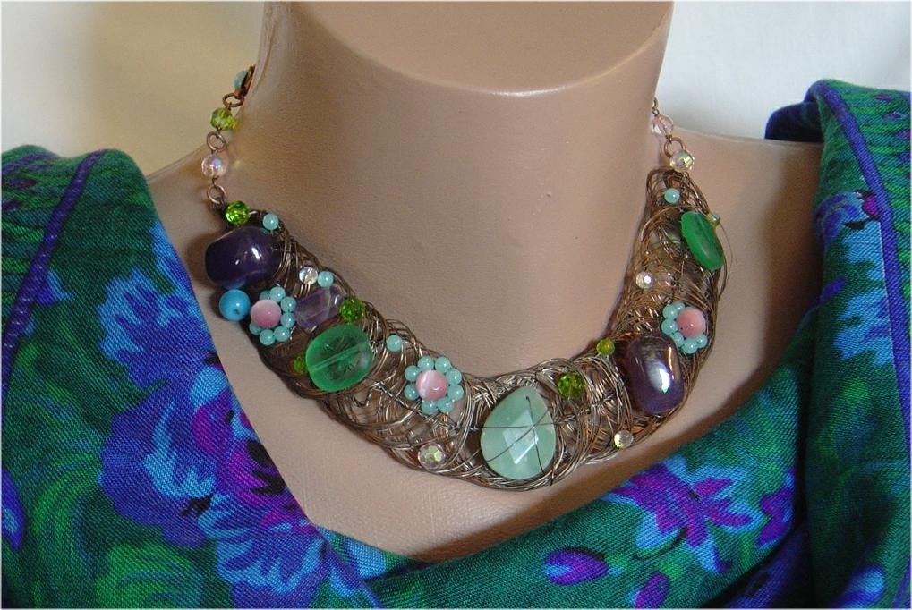 Woven Wire Necklace with Amethyst Chunks Crystals and Glass Flowers