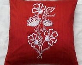 Rust red silk throw pillow cover with bead work and floral embroidery 16X16 in decorative cushion cover