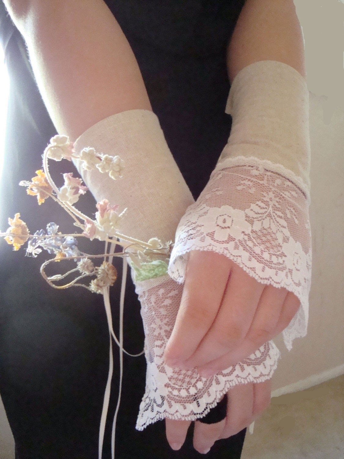Sensual Wedding Cuffs .... Limited Edition.. Pure Natural Linen with White Lace Cuffs Corset Style - White Satin Ribbon Lacing 