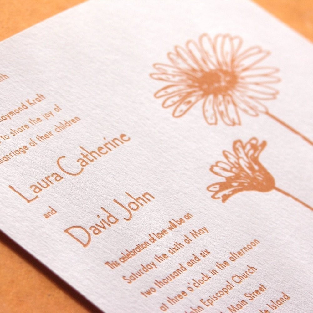 Daisy - Letterpress Wedding Invitation - mango on white