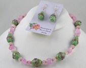 Handmade Pink and Green Bead Necklace and Earrings