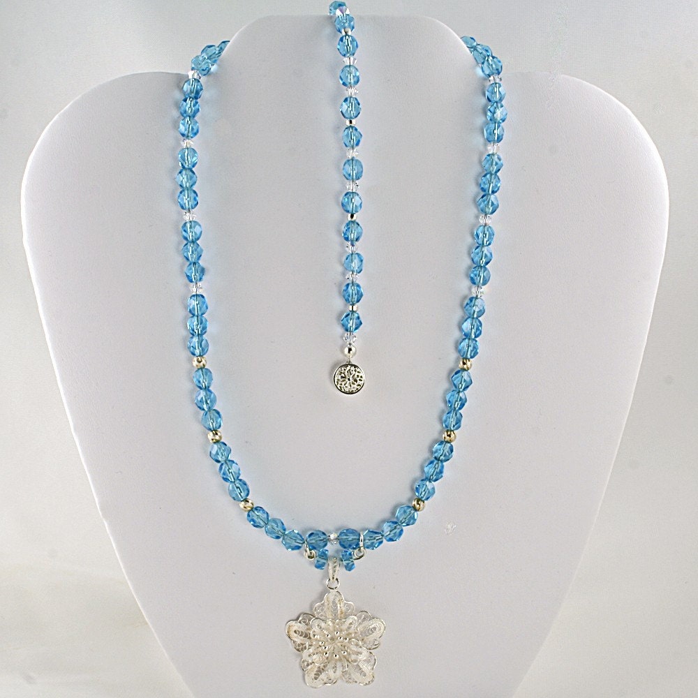Handmade Sapphire Necklace with Silver Flower and Bracelet