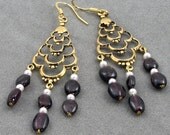 New Lower Price Handmade Gold, Garnet and Pearl Chandelier Earrings