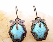 Turquoise Dragonfly Earrings - Brass and Glass