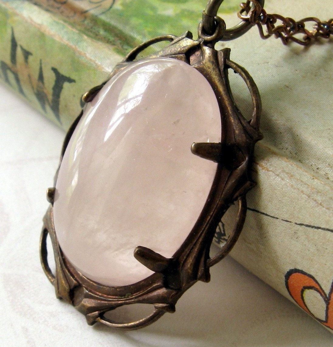 Secret Sale Code  AHensNest   Rose Quartz Pendant with Brass Chain Necklace