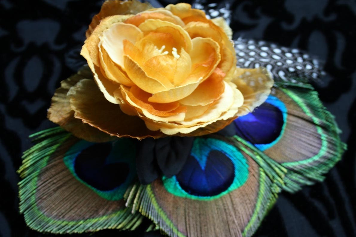 Tara Golden Silk Flower and Peacock Feather Hair Piece