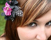 Amalia Pink Silk Flower and Guinea Feathers Hair Clip- Pink and Black