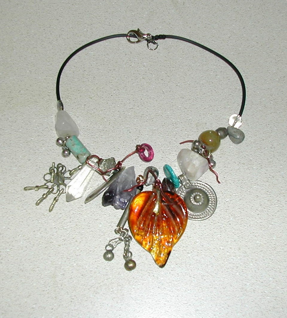 NECKLACE - recycled  repurposed  reused  - tribal leaf , crystal