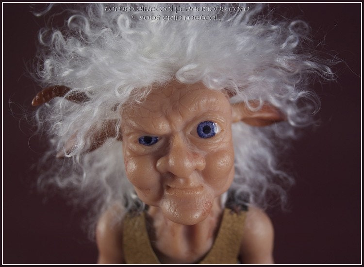 Mean Old Goat - grumpy faun OOAK elderly woman satyr sculpture with pipe and cane