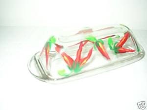 HAND PAINTED BUTTER DISH WITH CHILI PEPPERS
