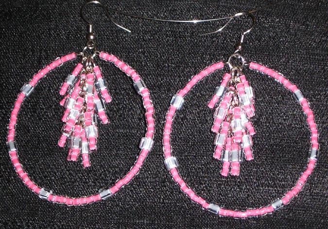 Pink and gray dangle hoops