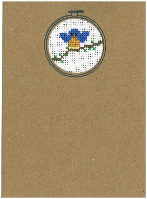 Cross Stitched Bird on a Branch Card