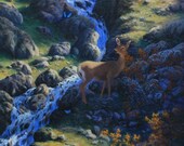 ORIGINAL Texas Landscape Painting, Waterfall, Deer, Butterfly, FRAMED, Guadalupe National Park, Ready to Hang