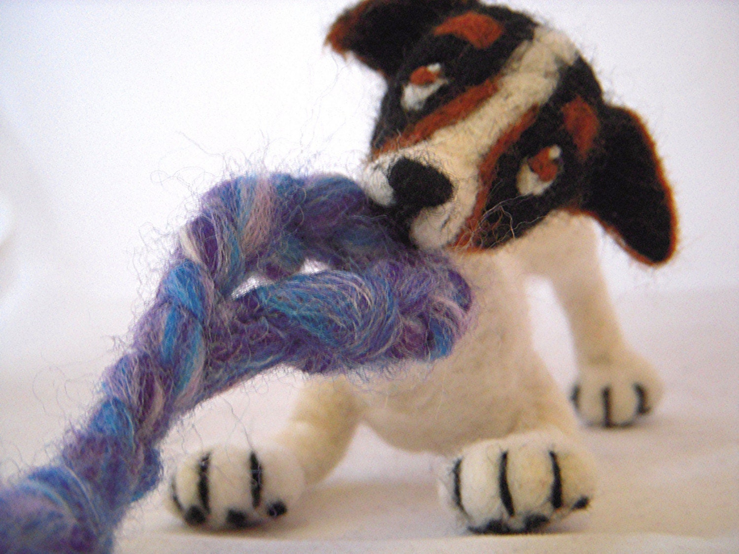 Jill the needle felted Jack Russell Terrier dog with tuggy toy