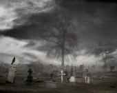 Monochrome Eerie Crow Cemetery Raven Tombstone Gothic Art