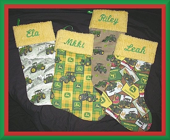 Set of 4 Personalized John Deere and Chenille Handmade Christmas Stockings with FREE US and Canada SHIPPING