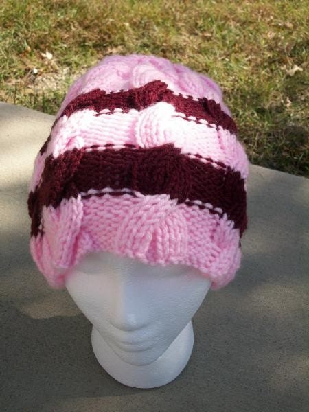 Handknit Cable Hat, Burgundy and Pink Stripes
