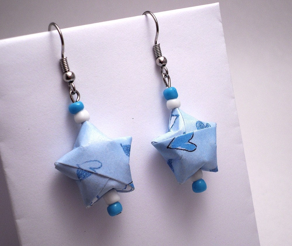Paper Origami Earrings Lucky Stars Beaded, Blue White Hearts