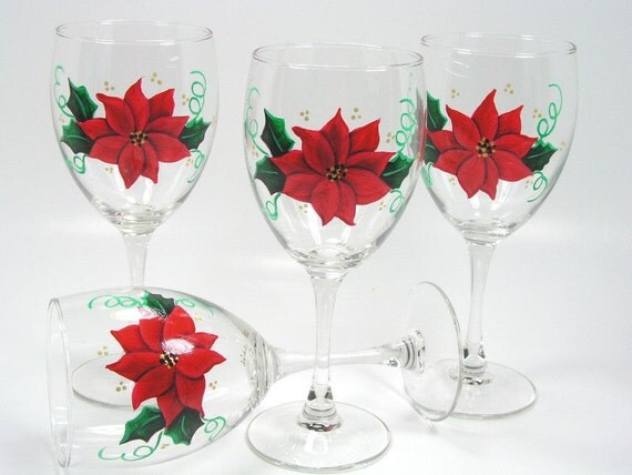 Beautiful Red Poinsettia Hand Painted Christmas Wine Glasses