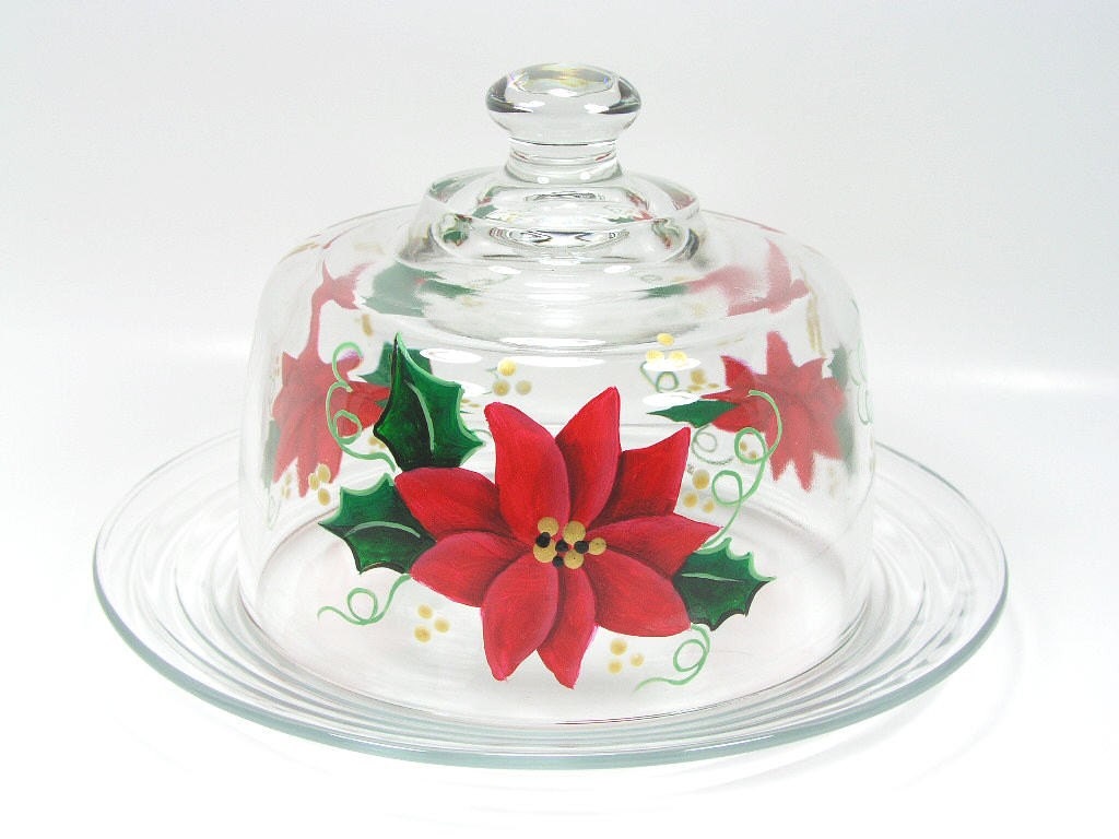 Beautiful Red Poinsettia Hand Painted Cheese Dome Plate Server
