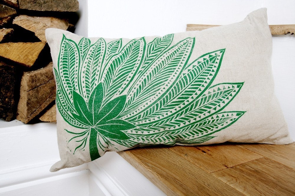 Oblong Linen Cushion Cover with Green Fern Motif