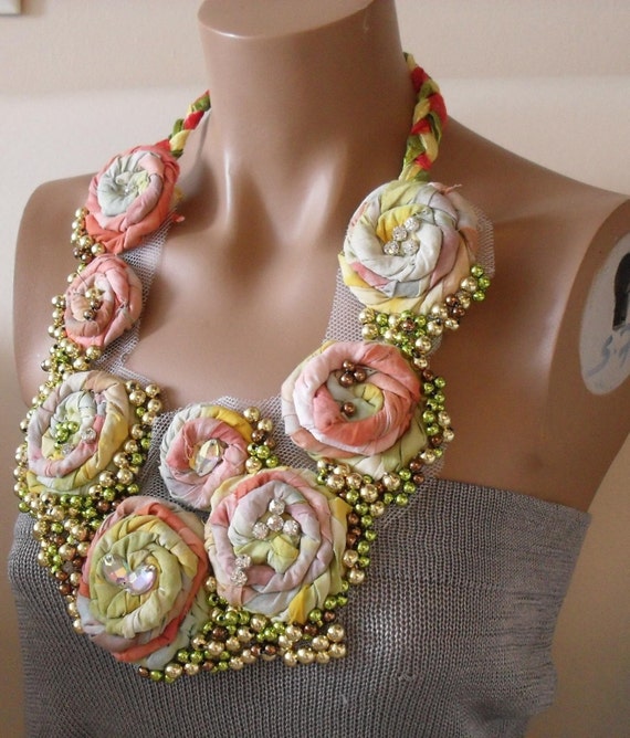 Spring Breeze Pure Cotton Fabric Pearls with swaroski crystal bib necklace