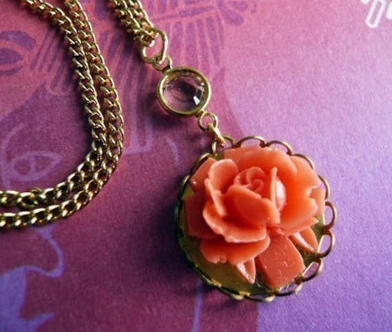 Lovely Coral Rose Cabochon Necklace by MaruMaru on Etsy from etsy.com