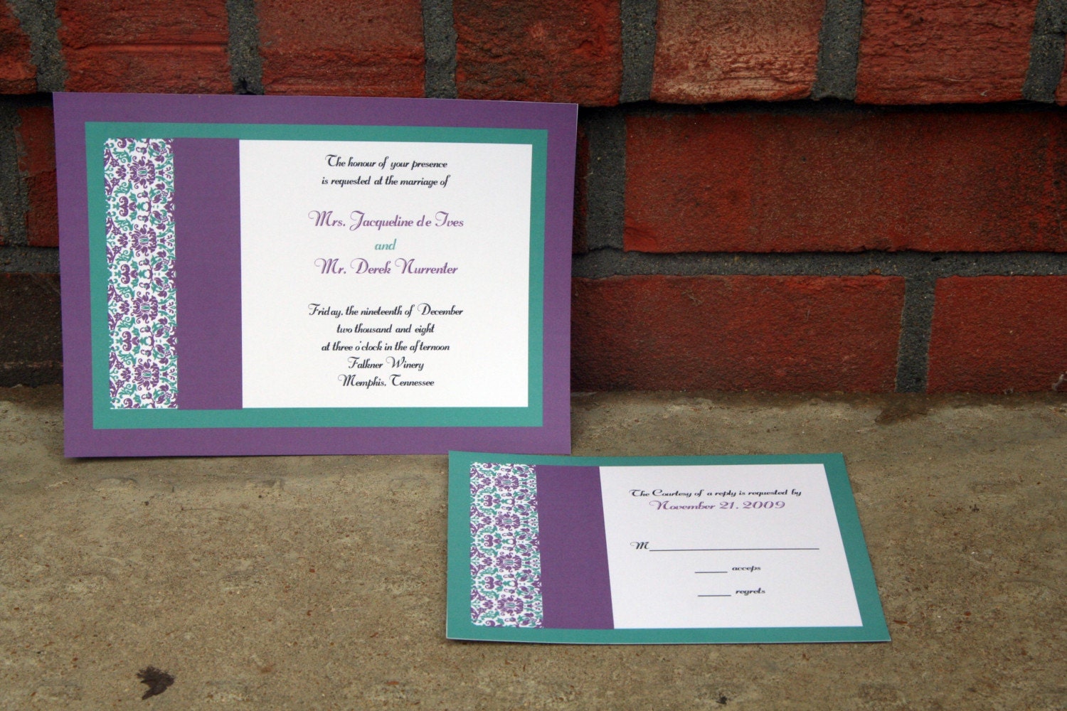 Teal and Purple Damask Customizable Wedding Invitation