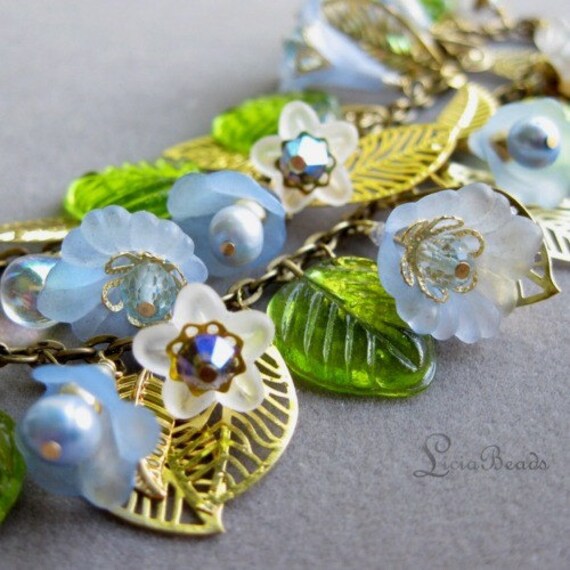 Water Dance - Freshwater pearl, Blue Topaz gemstone and golden accents chain necklace - Pre Holiday Sale