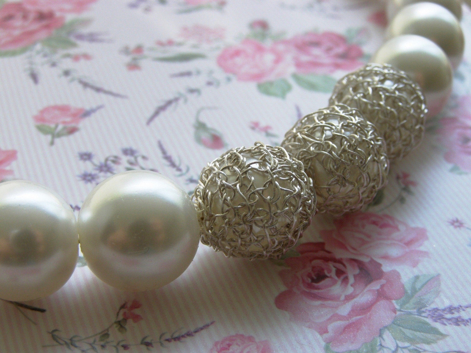 Crochet Necklace, Fine Silver Glass Pearls Necklace, Fine Silver Wire