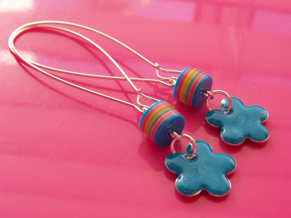 earrings - SUMMER turquoise enamel flower drops - FREE SHIPPING