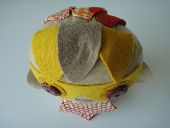 Softie - Oscar the Orange Owl - felt plush with fabric feathers