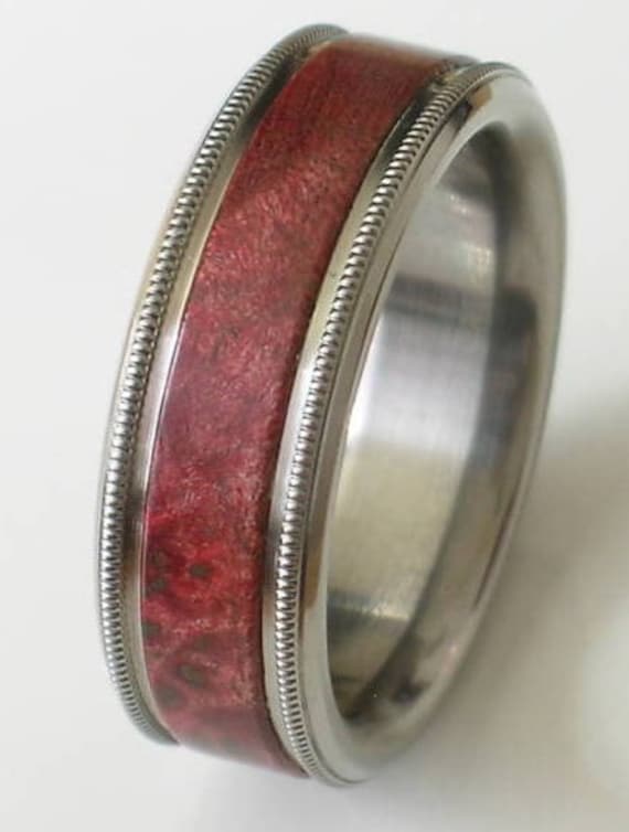Titanium Pink Ivory Wood Wedding Band Custom Designed Ring His or Hers 