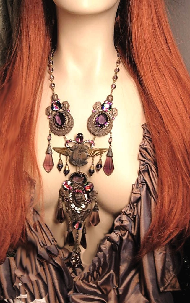 Vintage EGYPTIAN necklace revival  winged ISIS  czech glass statement piece