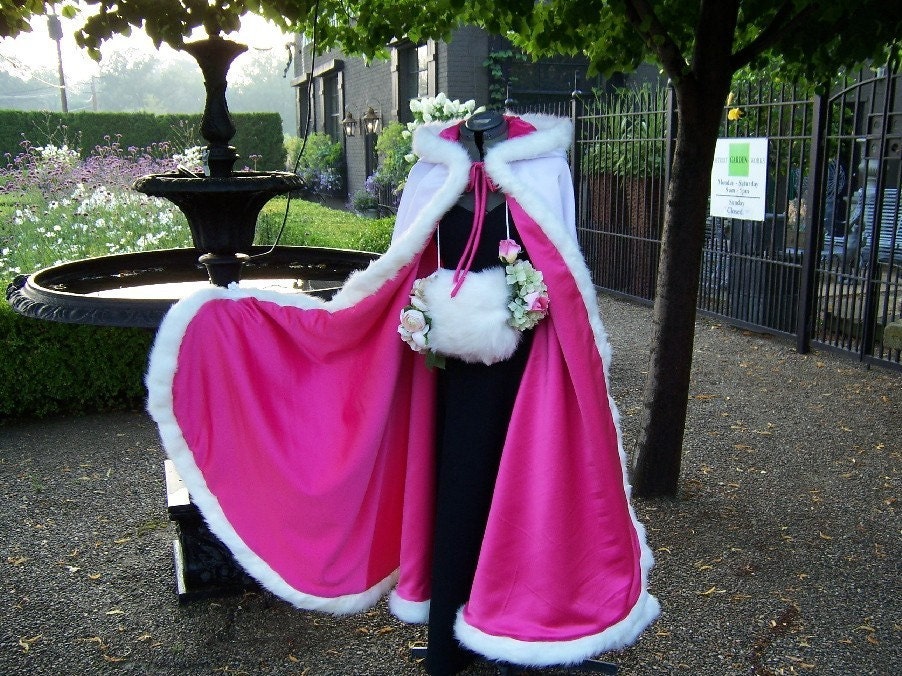 Bridal cape wedding cloak Hot Pink/ White Satin, fur 52 inch Long Wrap Handmade in USA