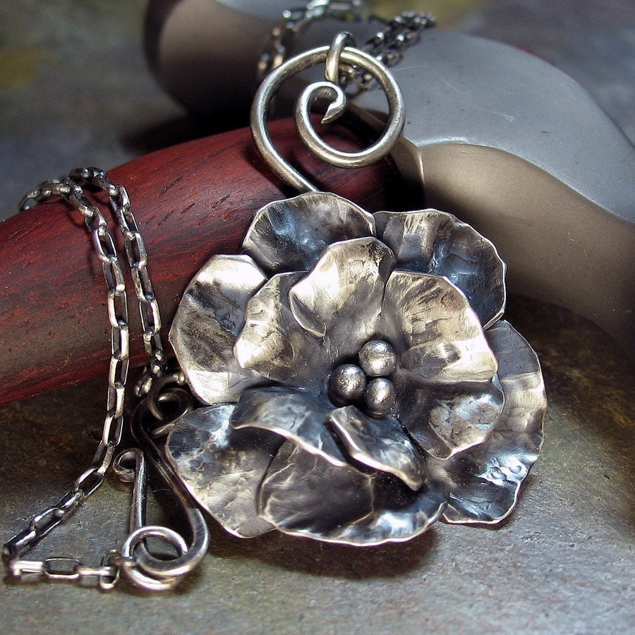 Handmade Sterling Silver Rose Flower Pendant - Old World Rose
