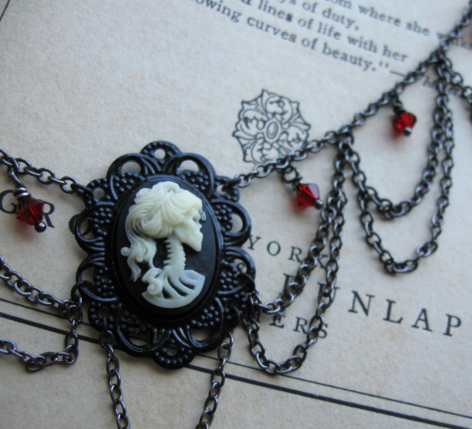 Victorian Gothic Black Blood Red Halloween Skeleton Necklace - Silent in Solitude
