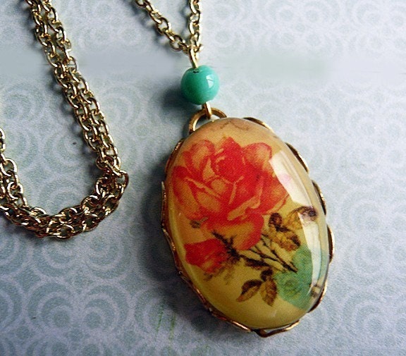 Retro Pink Rose Cabochon Necklace by MaruMaru on Etsy from etsy.com