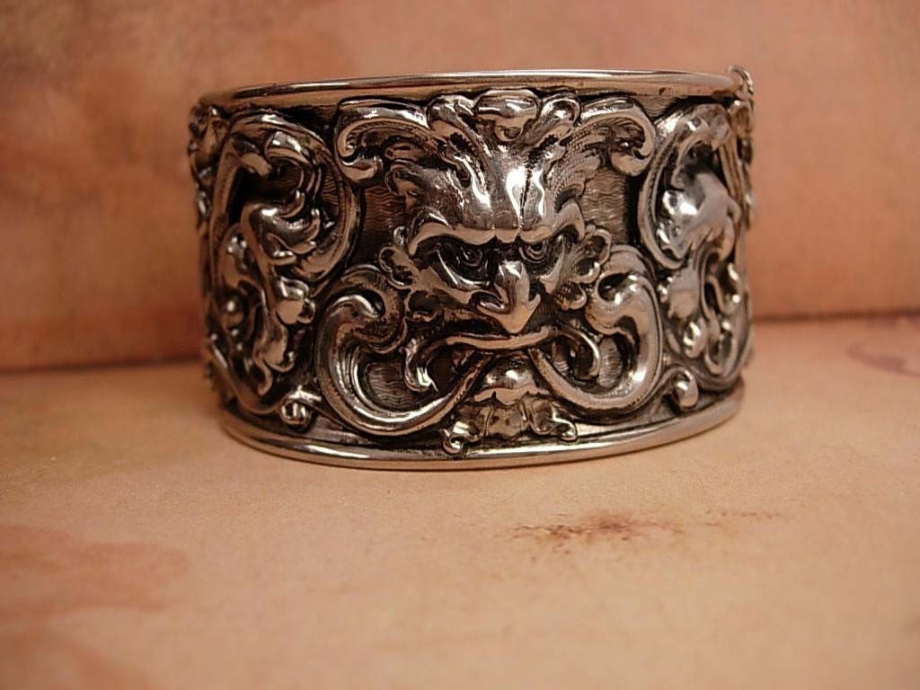 ANtique Bracelet  Bacchus and Lion Relief WIDE silver bracelet gargoyles and mythology