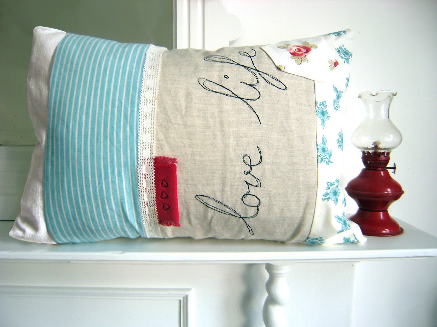 Embroidered Pillow Cover - 'Love life' cushion in turquoise and scarlet red 16 x 12